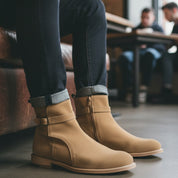 Men's Beige Suede Jodhpur Ankle Boots - Handmade Luxury Footwear - model-siting