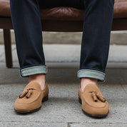 Men's Beige Suede Loafers - model-siting