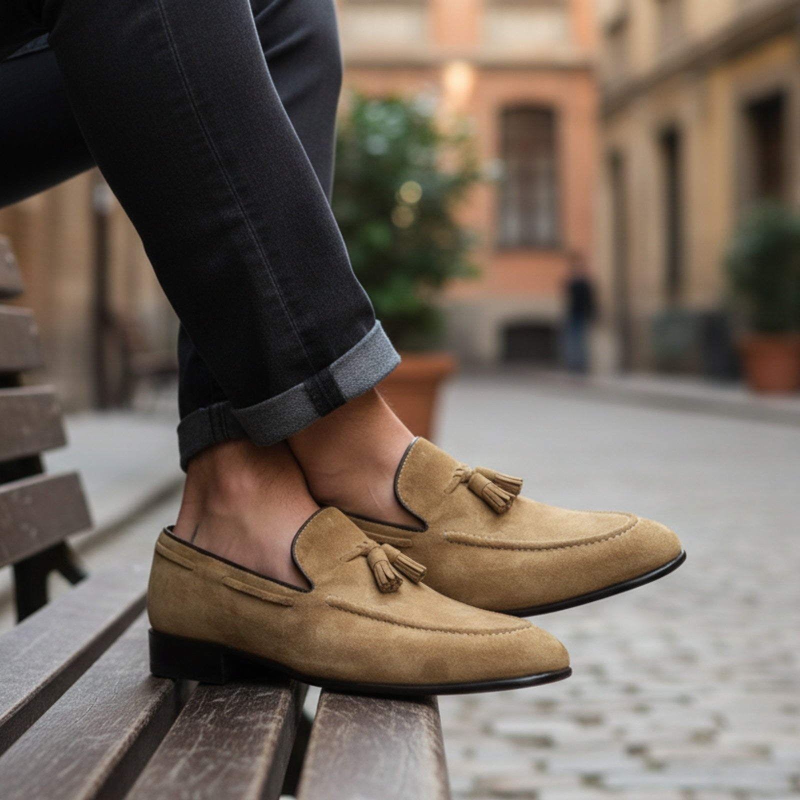 Men's Beige Suede Moccasins - model-siting