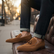 Men's Beige Tassel Moccasin Loafers - model-siting
