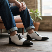 Men's Black and White Spectator Dress Shoes - model-siting