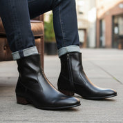 Men's Black Ankle Leather Boots with Side Zipper - model-siting