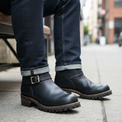 Men's Black Biker Leather Boots - model-siting