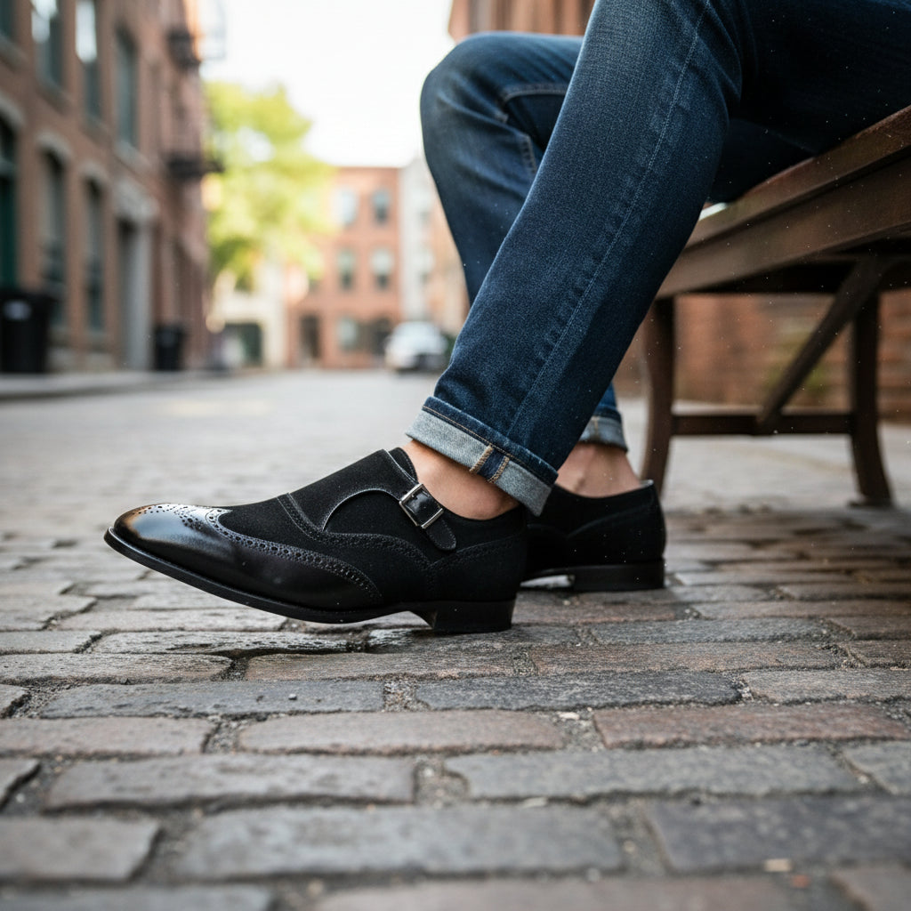 Men's Black Double-Buckle Monk Strap Leather and Suede Shoes - model-siting