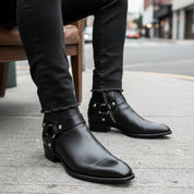 Men's Black Leather Ankle Boots with Side Zipper - model-siting