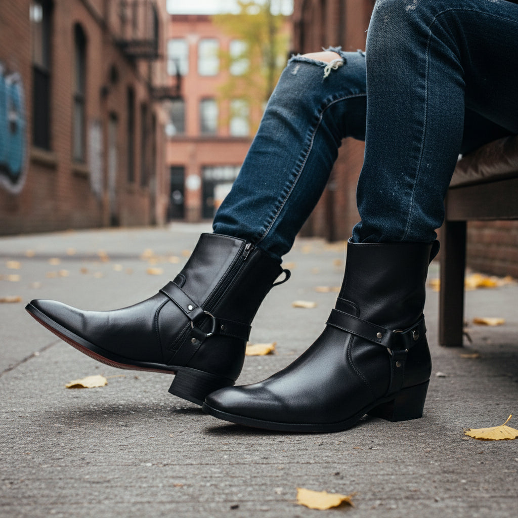 Men's Black Leather Ankle Designer Boots - model-siting