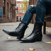 Men's Black Leather Ankle Designer Boots - model-siting