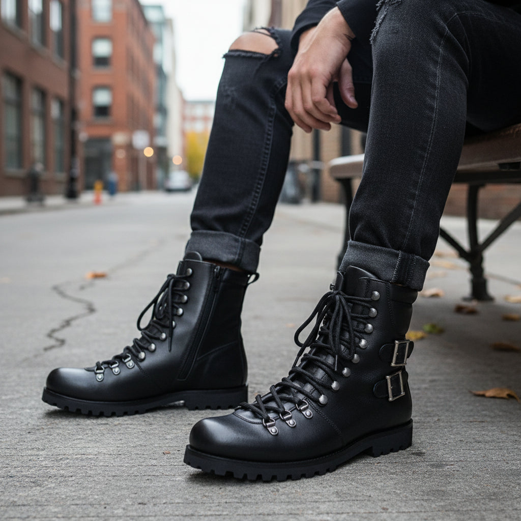 Men's Black Leather Biker Ankle Boots - model-siting