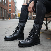 Men's Black Leather Biker Ankle Boots - model-siting
