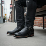 Men's Black Leather Biker Rider Boots - model-siting