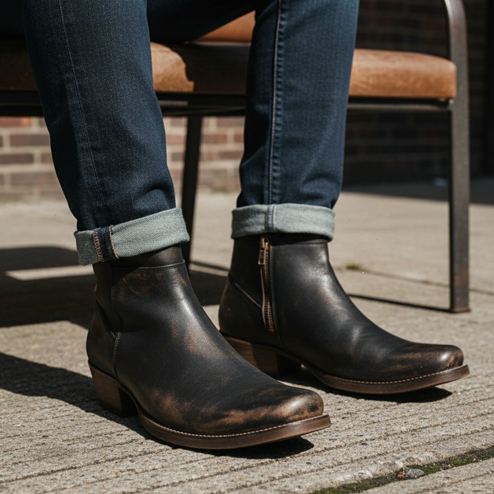 model-siting - Men's Black Leather Biking Boots