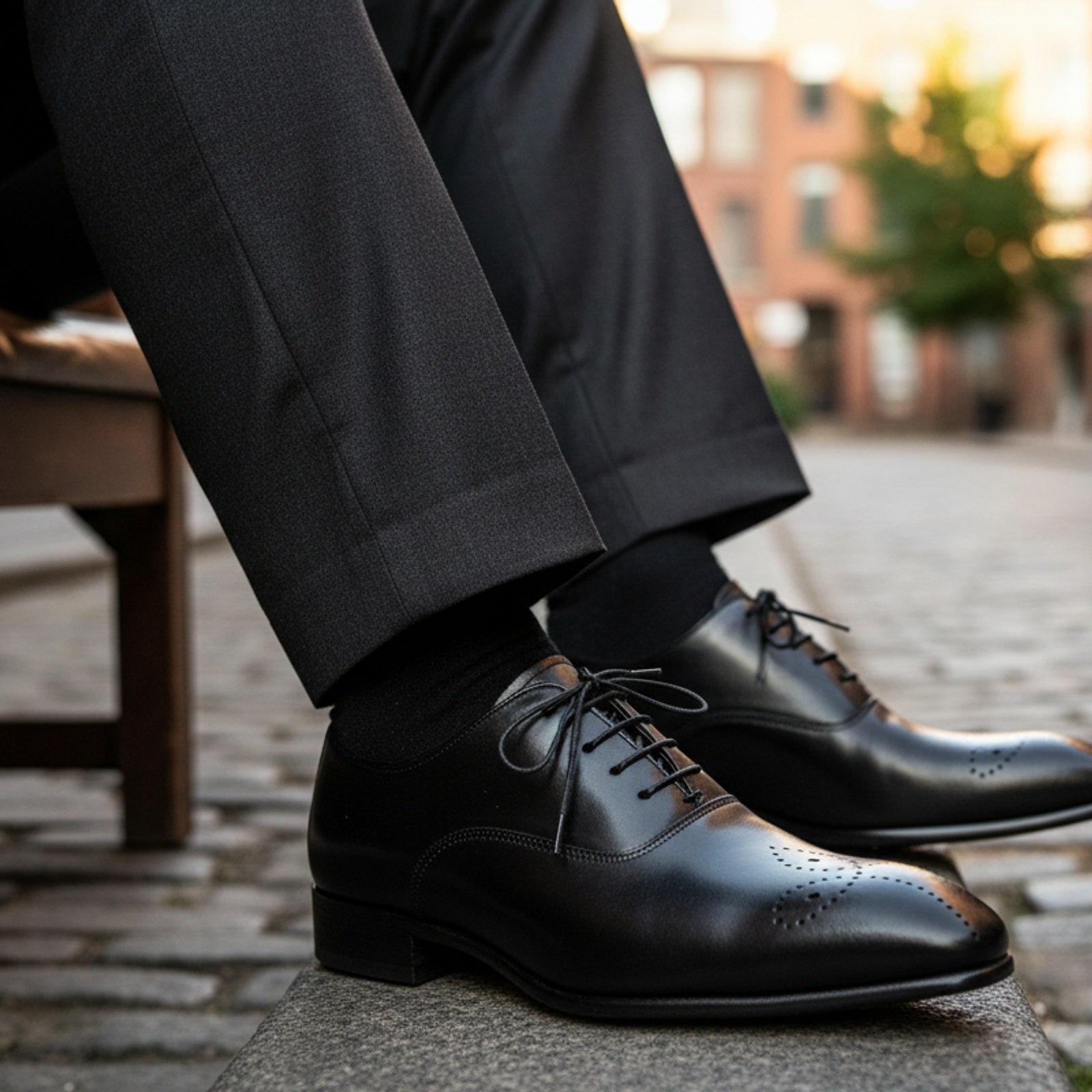 model-siting - Men's Black Leather Brogue Dress Shoes