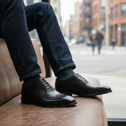 model-siting - Men's Black Leather Brogue Wingtip Dress Shoes