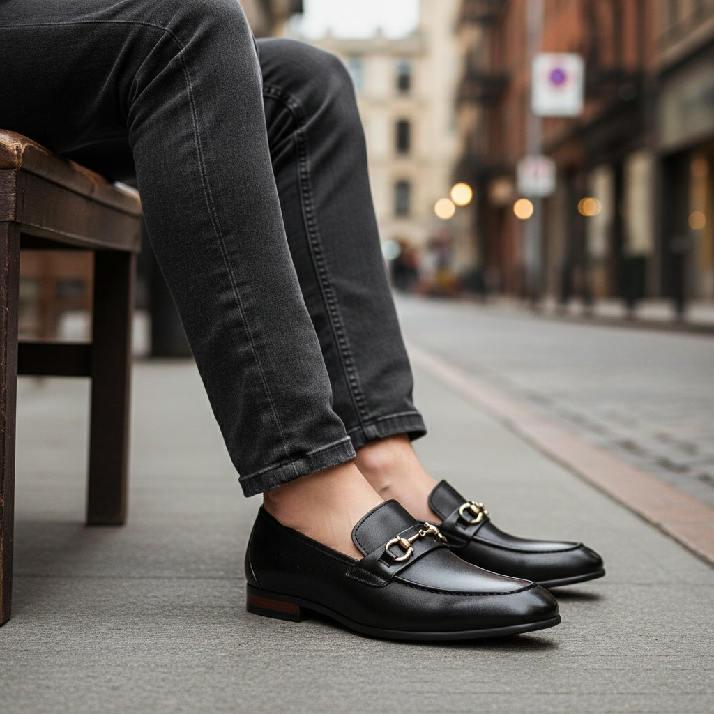 model-siting - Men's Black Leather Buckle Loafers