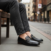 model-siting - Men's Black Leather Buckle Loafers