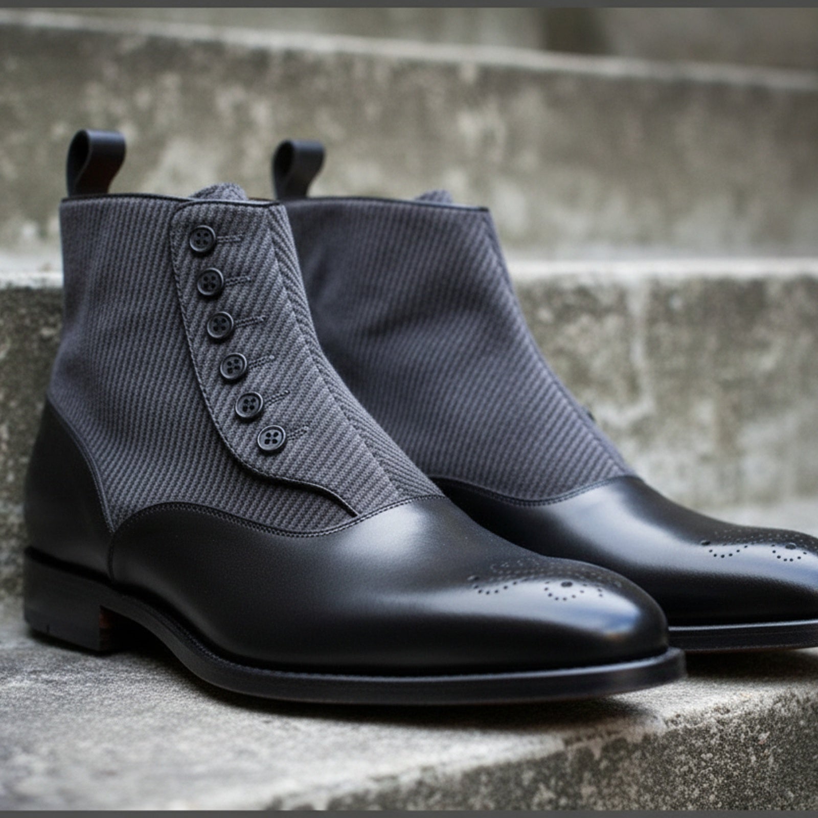 model-siting - Men's Black Leather Button Boots with Two-Toned Design