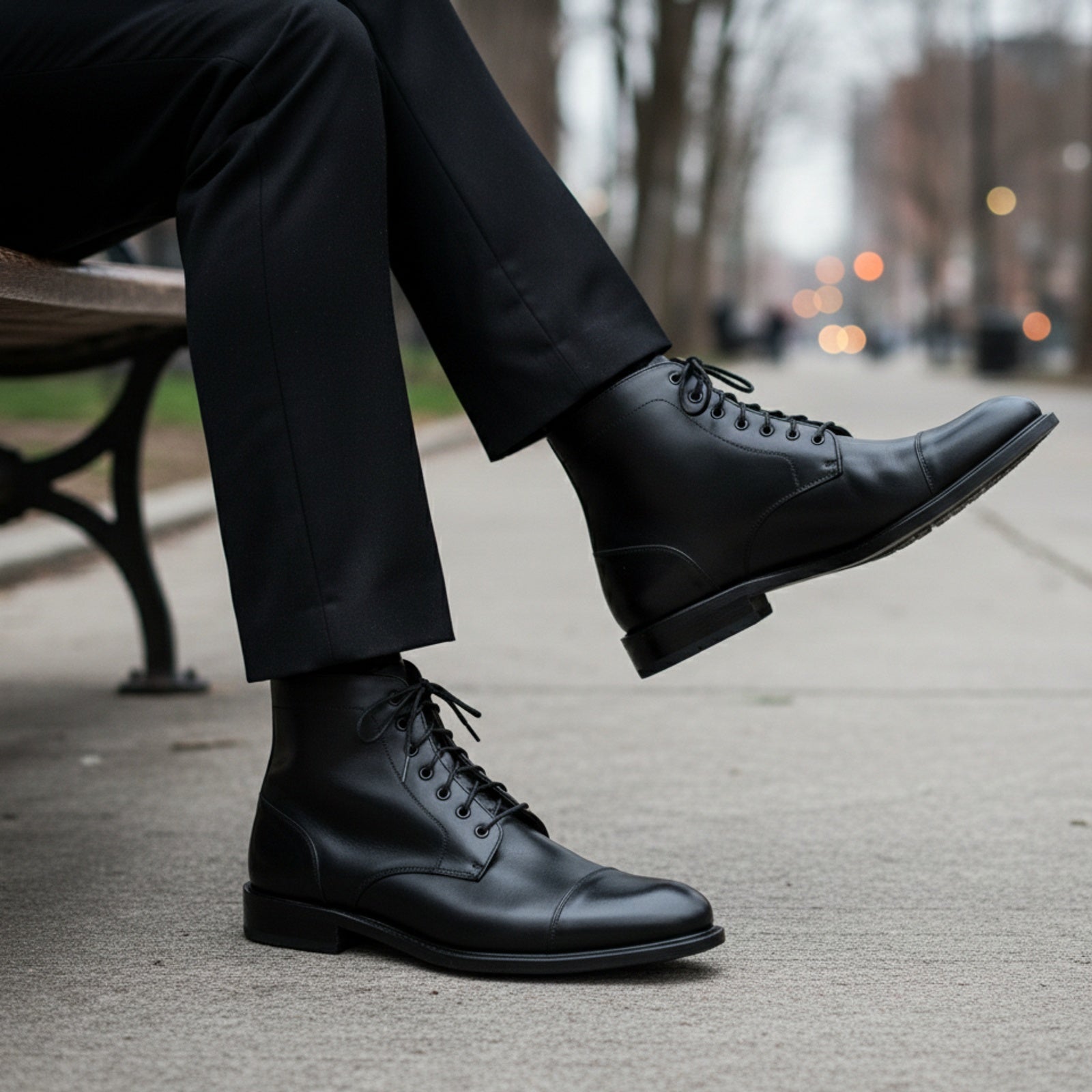 model-siting - Men's Black Leather Cap Toe Ankle Boots