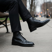 model-siting - Men's Black Leather Cap Toe Ankle Boots