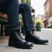 model-siting - Men's Black Leather Cap Toe Boots