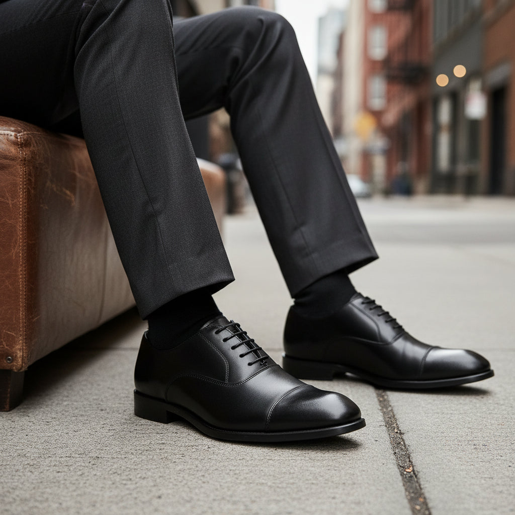 model-siting - Men's Black Leather Cap-Toe Derby Shoes