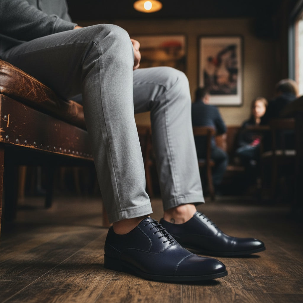 model-siting - Men's Black Leather Cap Toe Dress Shoes