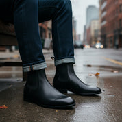 model-siting - Men's Black Leather Chelsea Ankle Boots