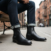 model-siting - Men's Black Leather Chelsea Boots Ankle Style
