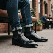 model-siting - Men's Black Leather Chelsea Boots with Crocodile Print