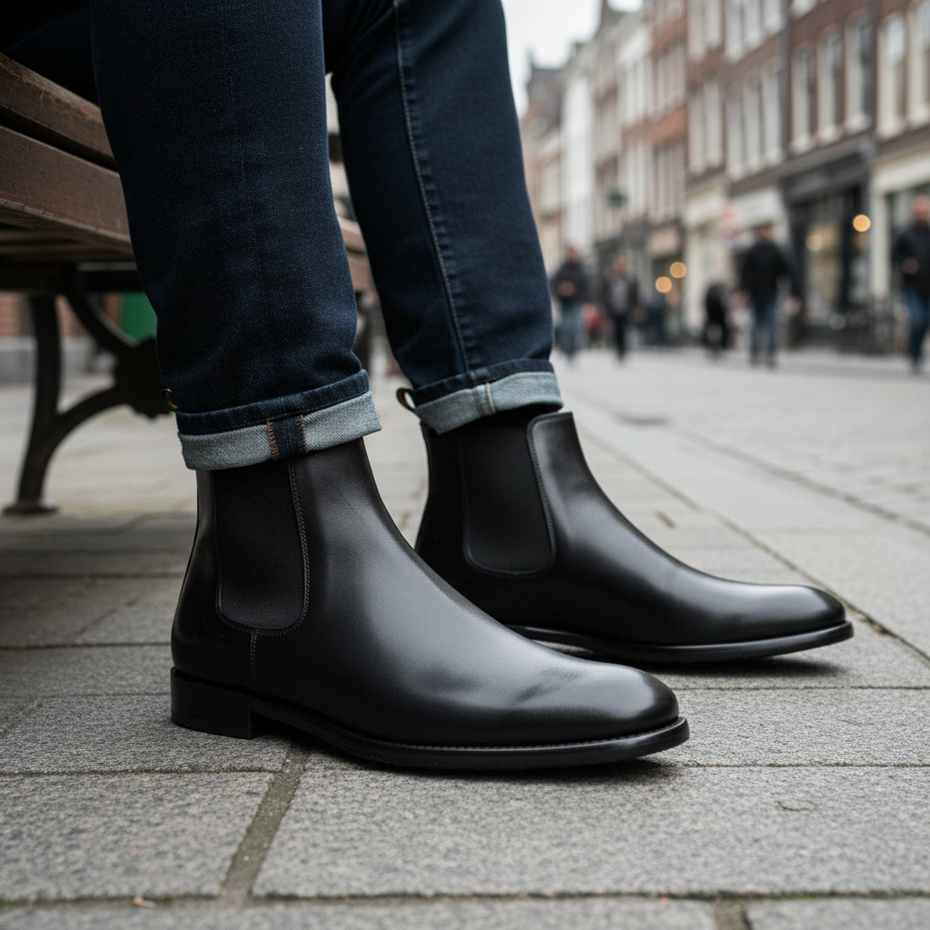 model-siting - Men's Black Leather Chelsea Boots