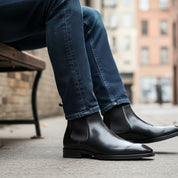 model-siting - Men's Black Leather Chelsea Boots