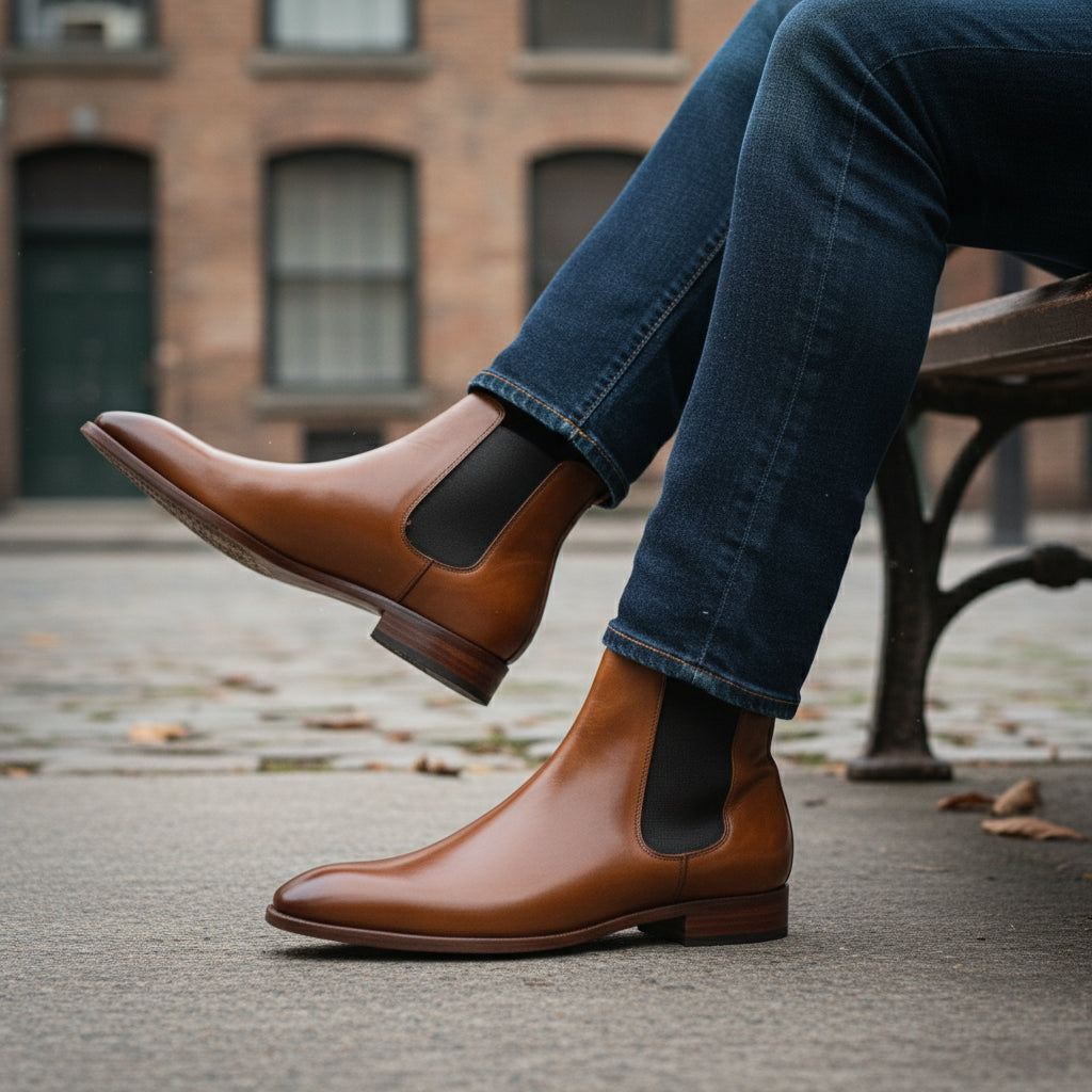 model-siting - Men's Black Leather Chelsea Boots