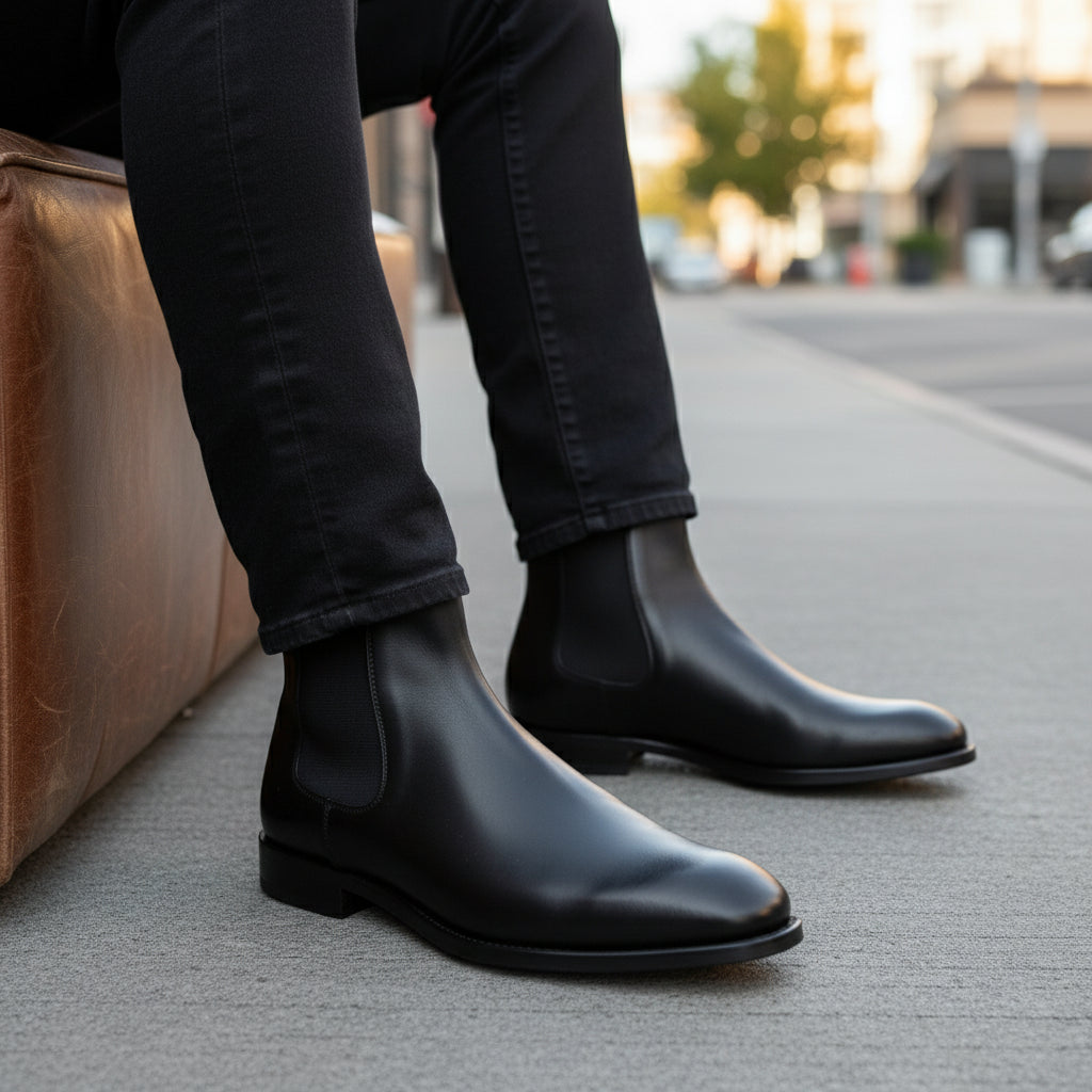 model-siting - Men's Black Leather Chelsea Boots