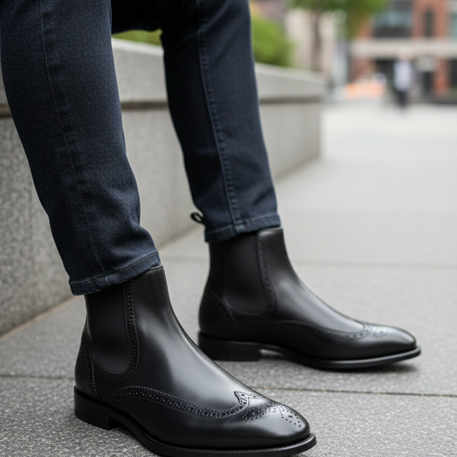 model-siting - Men's Black Leather Chelsea Boots