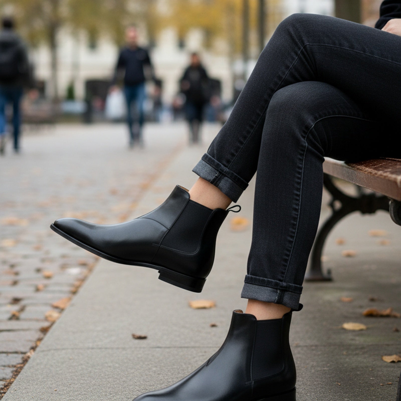 model-siting - Men's Black Leather Chelsea Boots