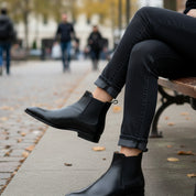 model-siting - Men's Black Leather Chelsea Boots