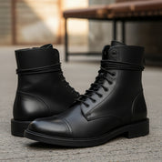 model-siting - Men's Black Leather Combat Boots with Lace-Up Design