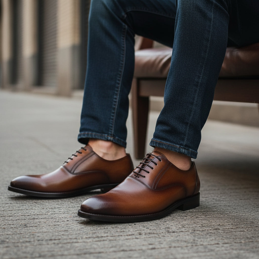 model-siting - Men's Black Leather Derby Dress Shoes