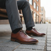 model-siting - Men's Black Leather Derby Dress Shoes