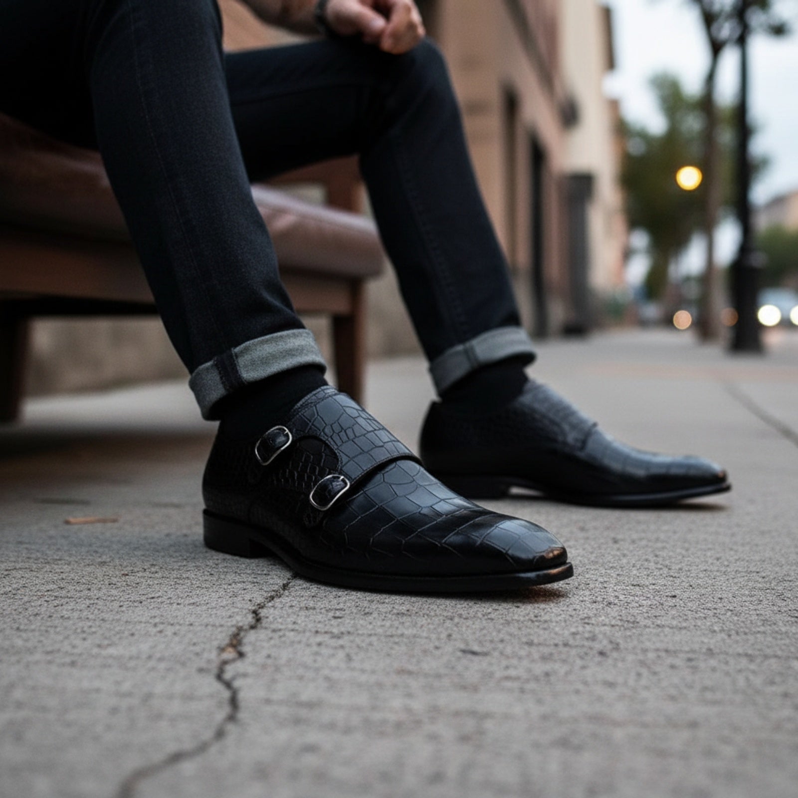 model-siting - Men's Black Leather Double-Buckle Monk Shoes with Crocodile Pattern