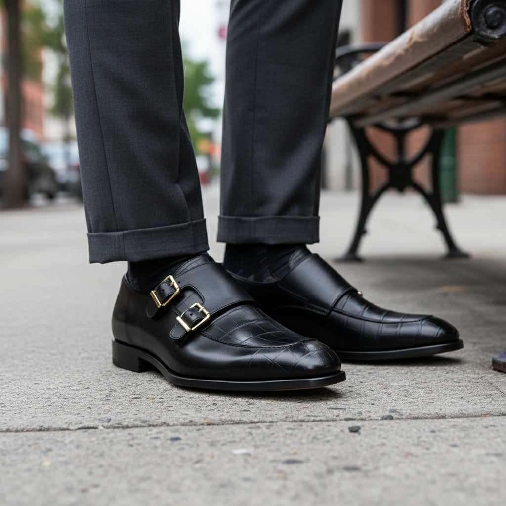 model-siting - Men's Black Leather Double Monk Moccasin Shoes