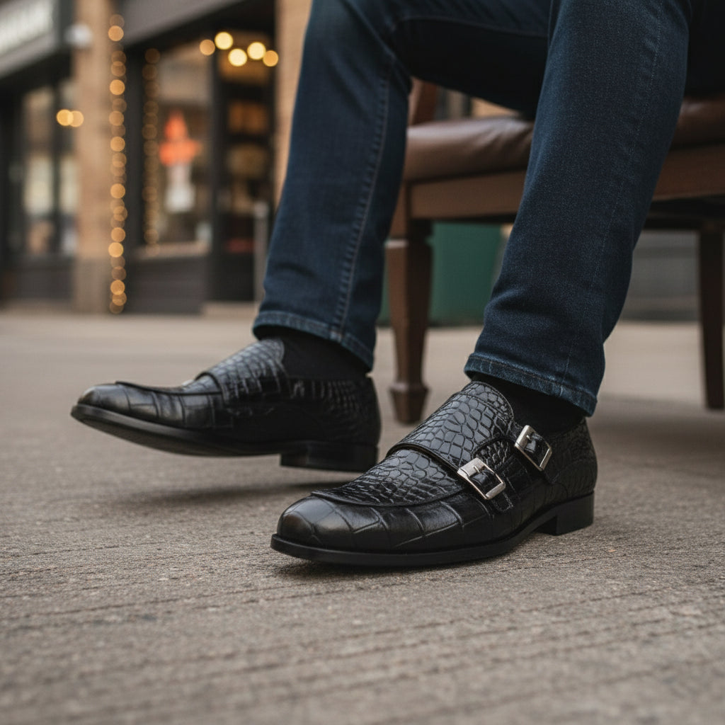 model-siting - Men's Black Leather Double Monk Moccasin Shoes