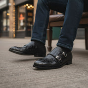 model-siting - Men's Black Leather Double Monk Moccasin Shoes