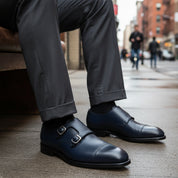 model-siting - Men's Black Leather Double Monk Shoes