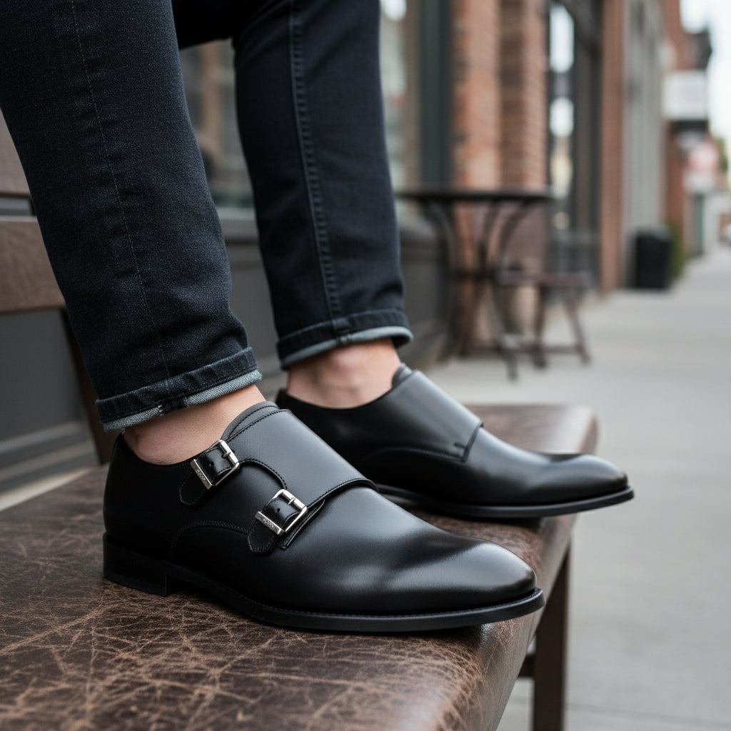 model-siting - Men's Black Leather Double Monk Strap Dress Shoes
