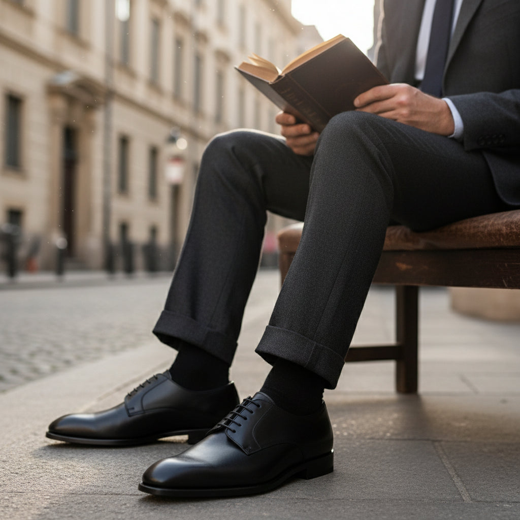 Men's Black Leather Dress Oxfords - model-siting