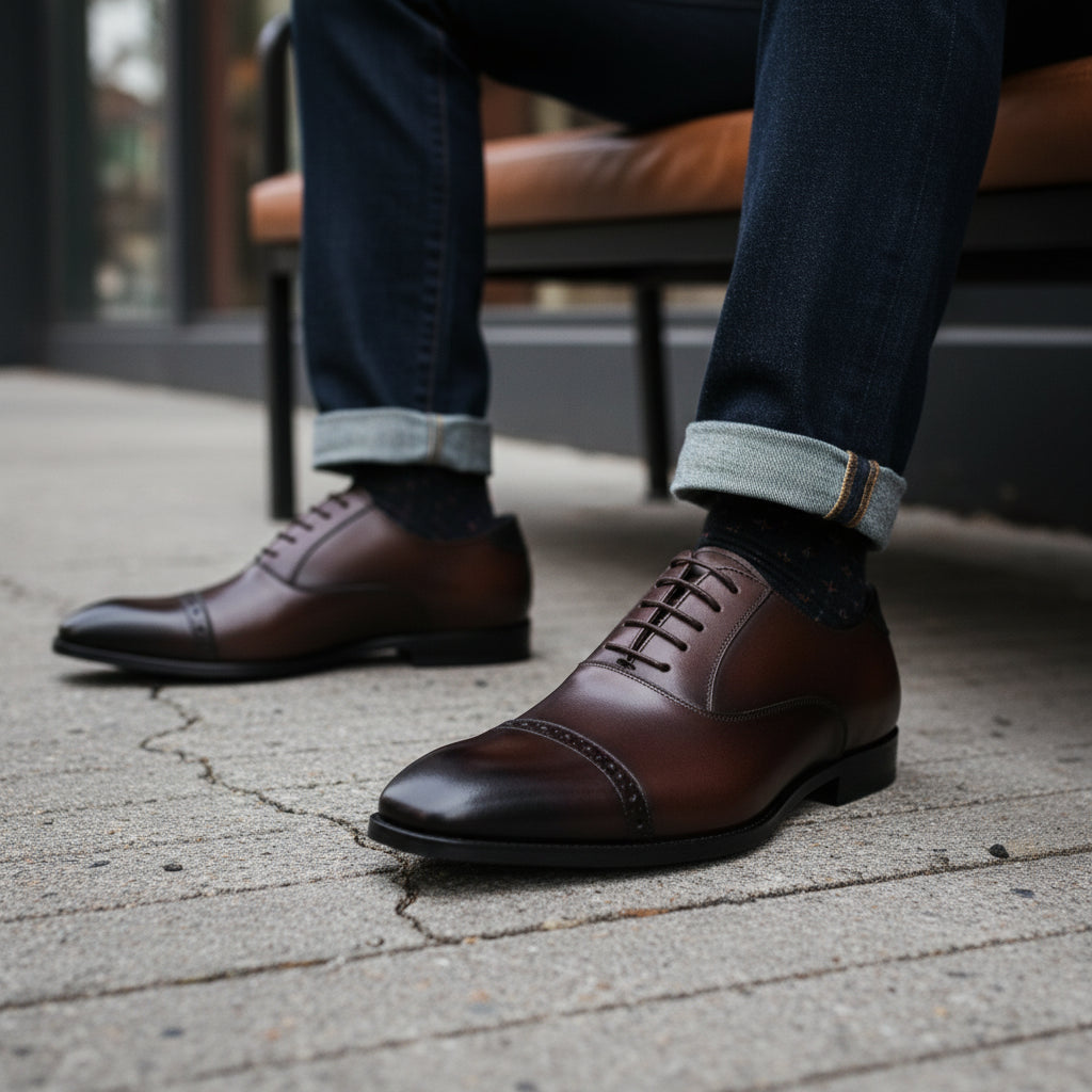 model-siting - Men's Black Leather Formal Dress Shoes