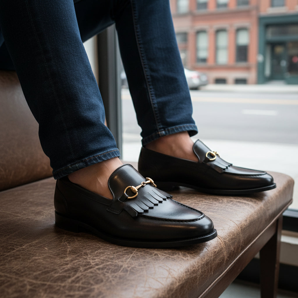 model-siting - Men's Black Leather Fringe Loafer Moccasins