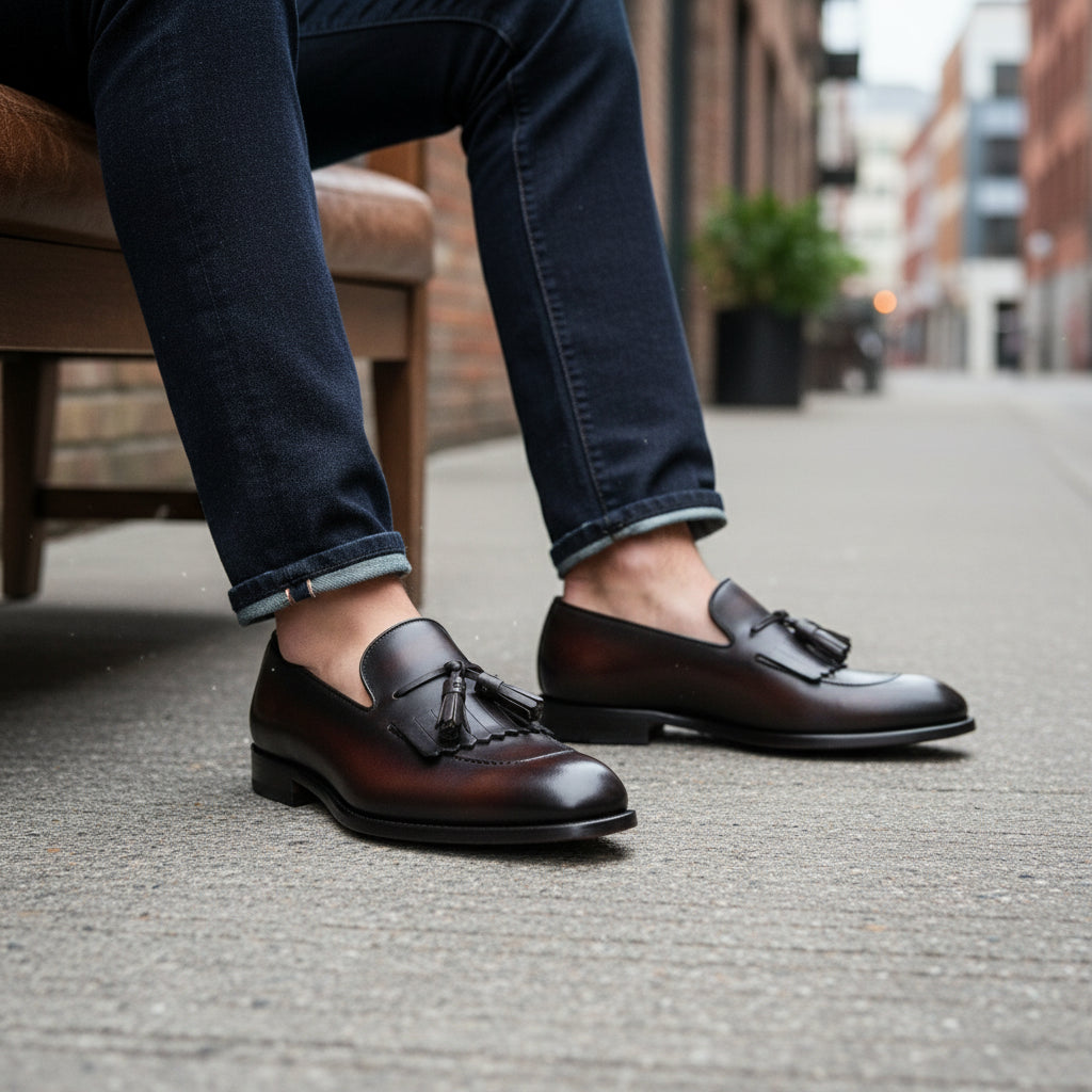 model-siting - Men's Black Leather Fringe Moccasins