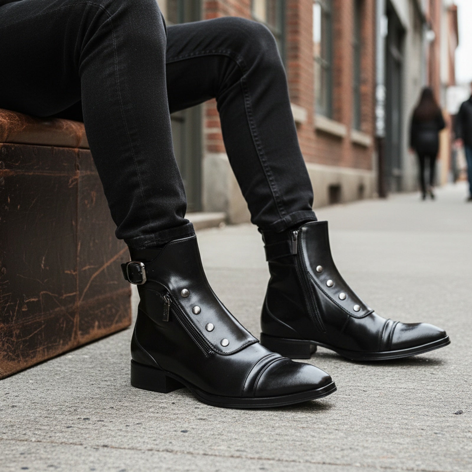model-siting - Men's Black Leather High Ankle Boots with Side Button & Zipper