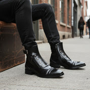 model-siting - Men's Black Leather High Ankle Boots with Side Button & Zipper